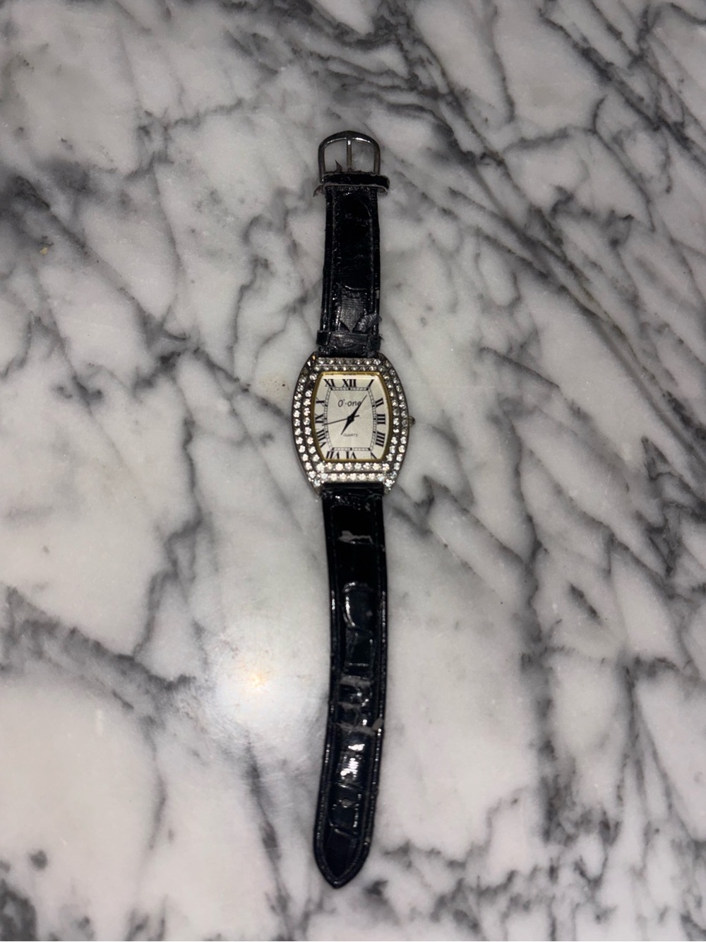O-one Y2K Rhinestone Barrel Watch Faux Croc Roman Numeral Quartz